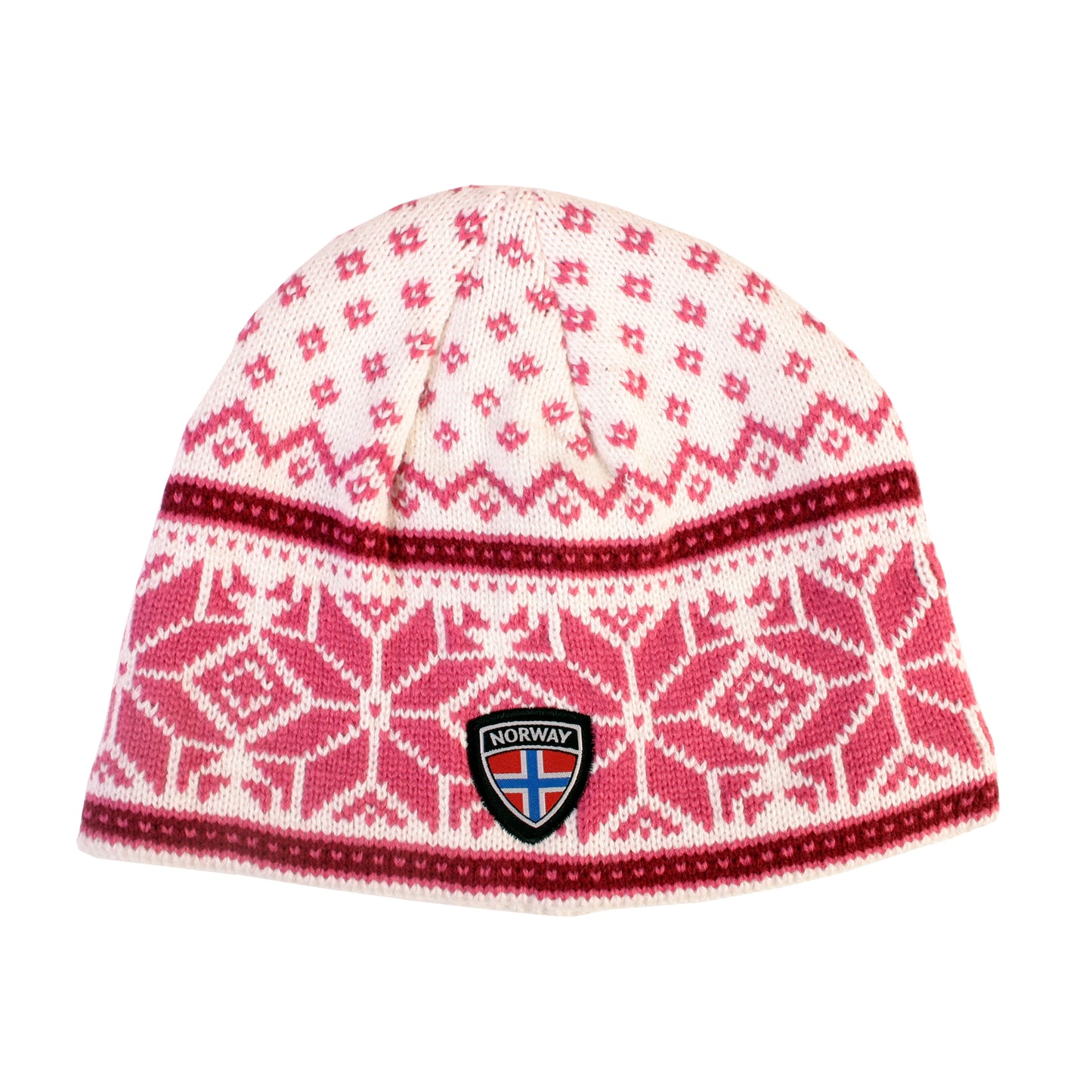 Strikkelue, hvit m/rosa stjerner