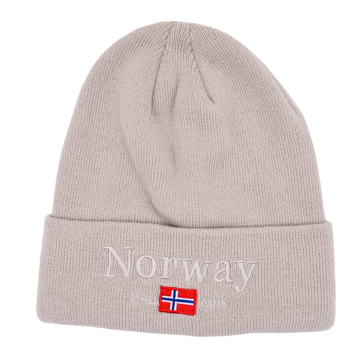 Beige strikkelue i akryl md norsk flagg og skriften Norway est 1905 fra Rock Expedition