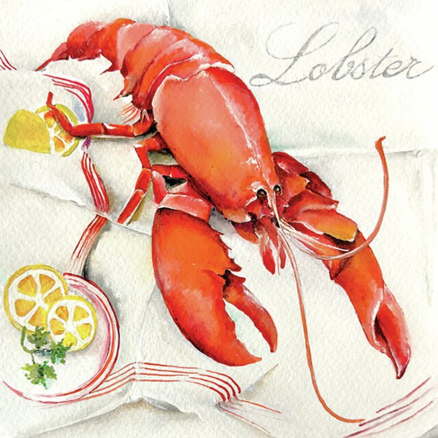 Maritim serviett med bilde av en hummer og sitronskiver. Står skrevet Lobster