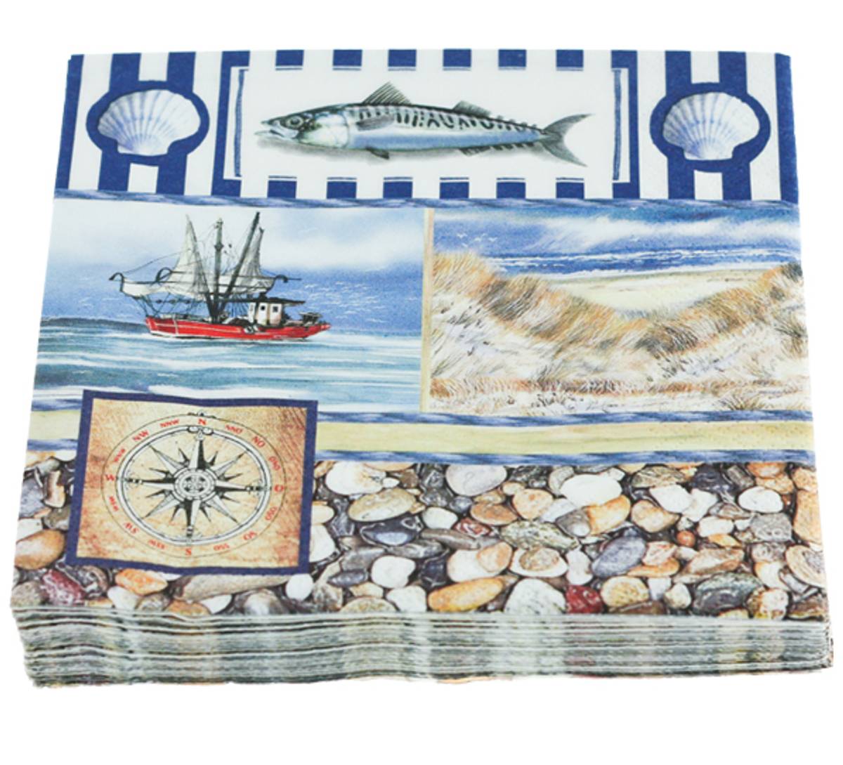 Servietter, maritimt m. skjell og makrell