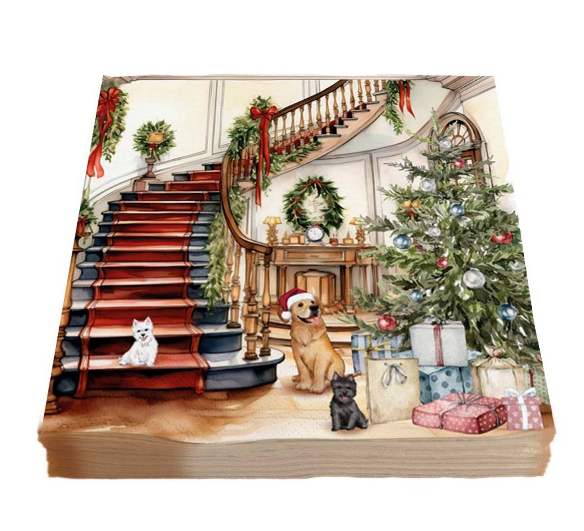 Servietter, pyntet til jul med hunder og juletre