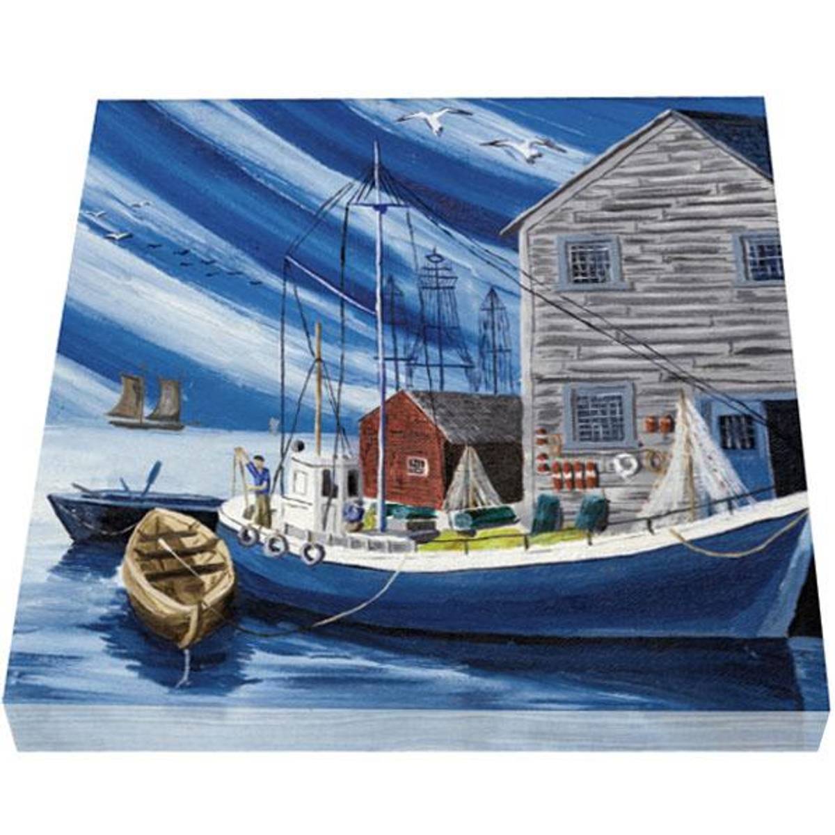 Servietter, fiskebåt har lagt til kai