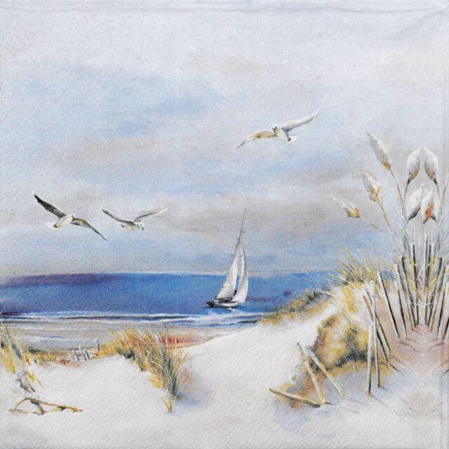 Serviett med seilbåt, strand og måker