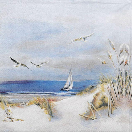 Serviett med seilbåt, strand og måker