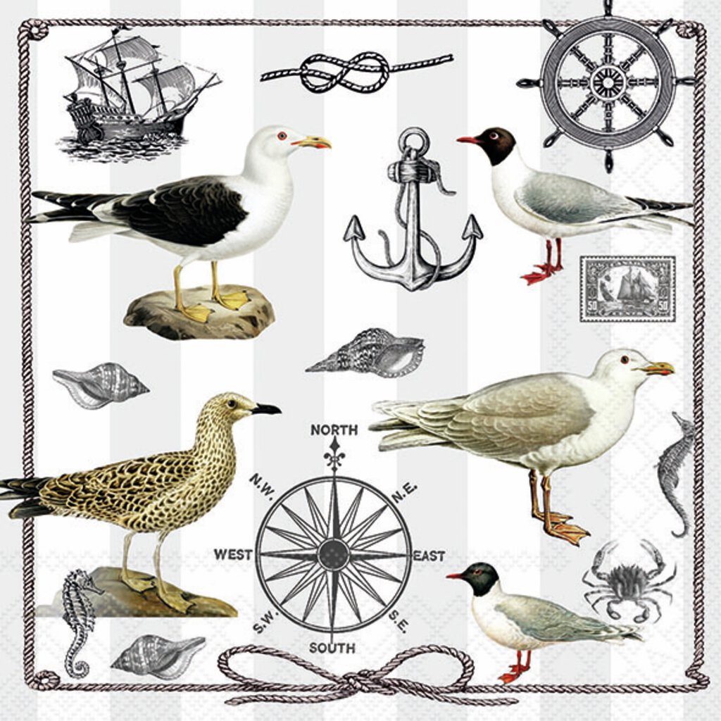 Serviett med maritime gjenstander, måker, anker, ratt, tau, skjell, seilskute, kompass, kabbe, frimerke, sjøhest.