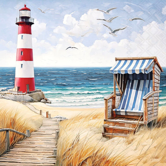 Serviett med fyrtårn, strandstol, strand, sjø og måker