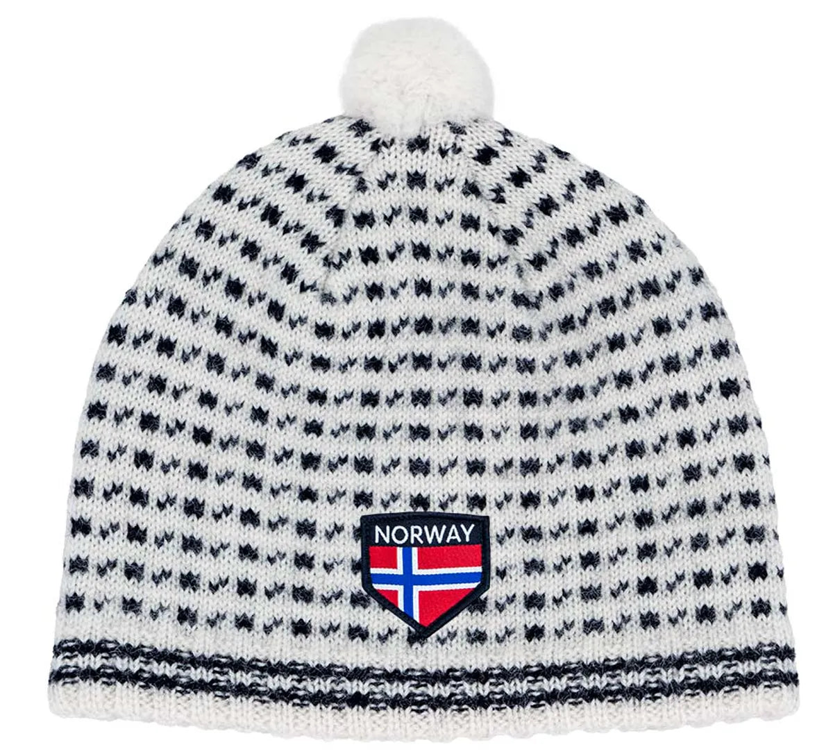 Hvit ull lue med dusk og sort mønster. Islenderstrikk, god og var lue med norsk flagg sydd på. Merket med Norway