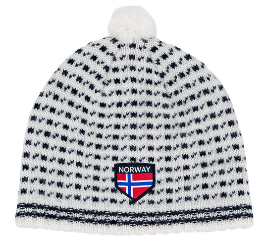 Hvit ull lue med dusk og sort mønster. Islenderstrikk, god og var lue med norsk flagg sydd på. Merket med Norway