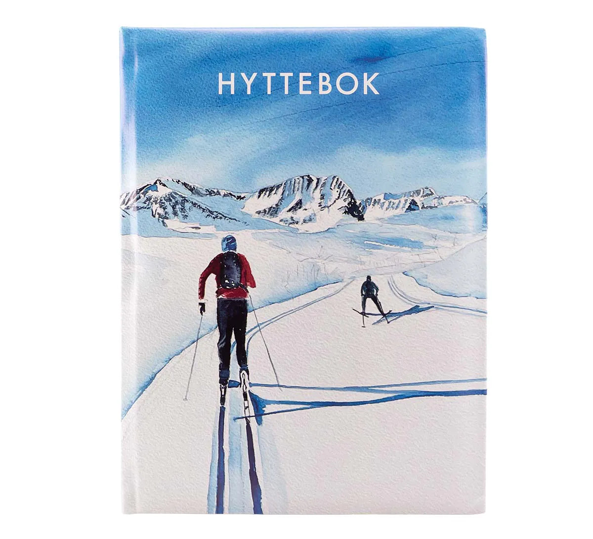 Hyttebok med motiv av 2 personer som går på ski på fjellet. Fine vidder med snø og fjell i bakgrunnen. 