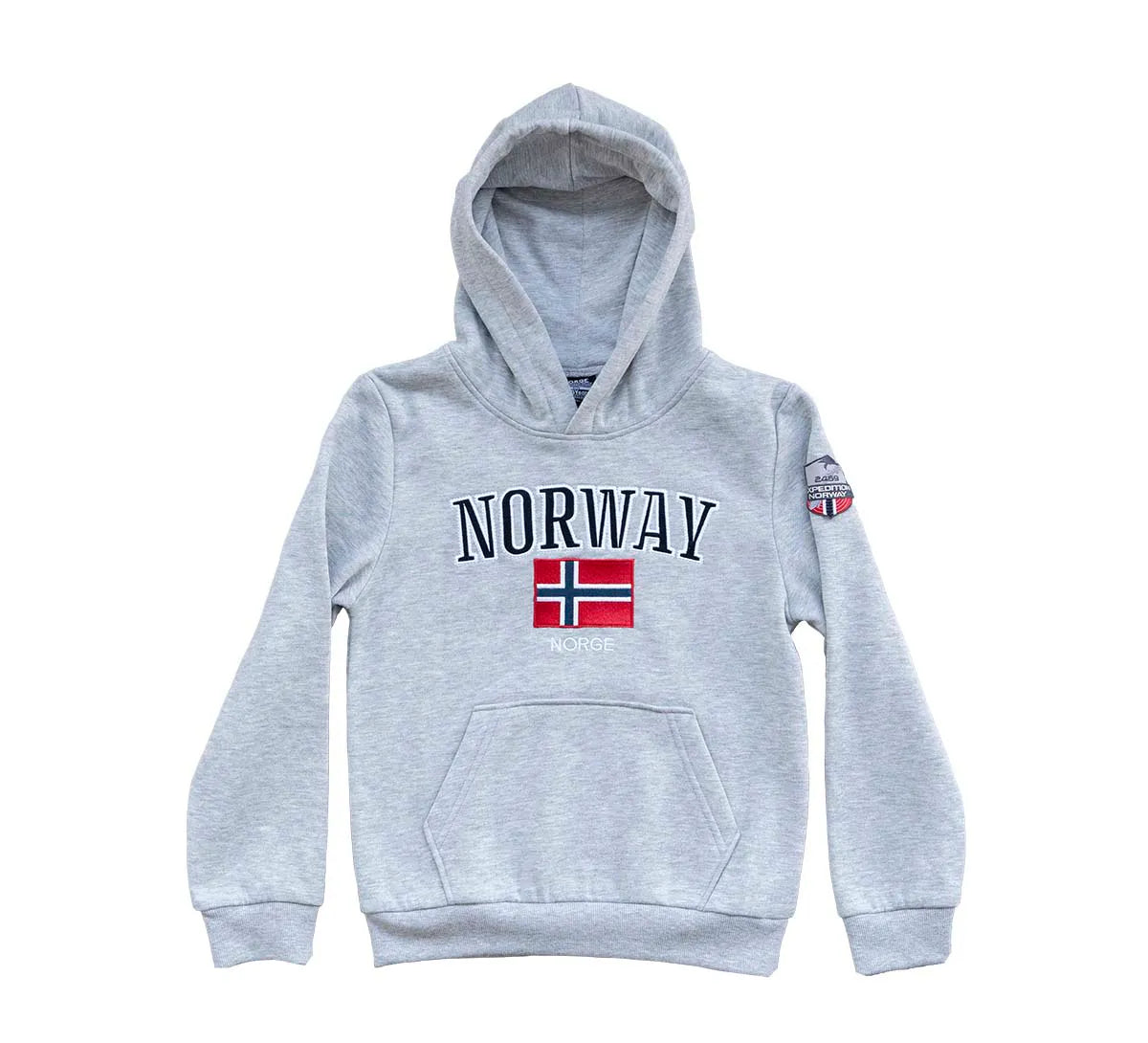 Grå collegegenser for barn med norsk flagg og Norway skrevet på brystet