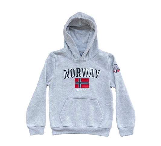 Grå collegegenser for barn med norsk flagg og Norway skrevet på brystet
